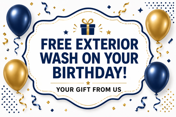 Promotion banner offering a free exterior car wash on your birthday, framed with a decorative blue-and-gold border and festive balloons and confetti.